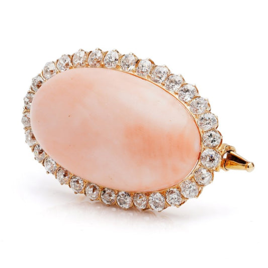 Antique Angel Skin Coral and 4.50ct Old Cut Diamond Cluster Brooch by Leitão & Irmão