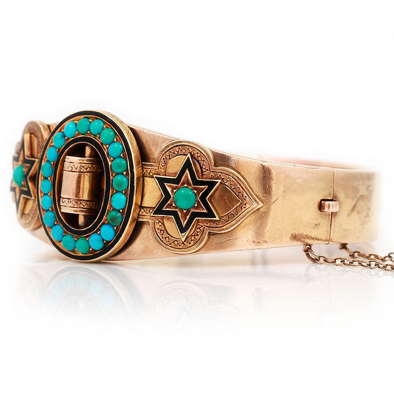 Antique Victorian 15ct Gold Turquoise Enamel Star Buckle Bangle Bracelet