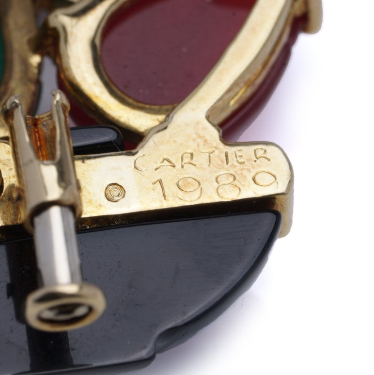 Vintage 1980s Cartier Multi Gemstone Floral Bouquet Brooch with onyx carnelian chalcedony sapphires and diamonds