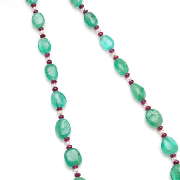 Art Deco Emerald Bead Necklace with Rubellites and Seed Pearls