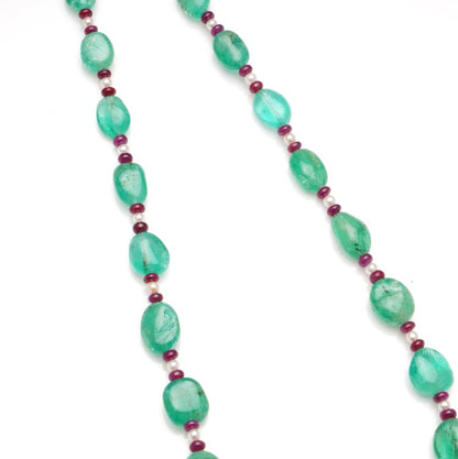 Art Deco Emerald Bead Necklace with Rubellites and Seed Pearls