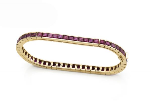Vintage Princess Cut Natural Burmese Ruby Tennis Bracelet, 8.00 carats, in 18ct Yellow Gold, Circa 1950-1970's
