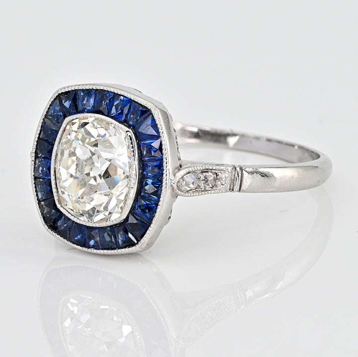 Vintage 2.10ct Old Mine Cut Diamond and Sapphire Target Cluster Engagement Ring in Platinum