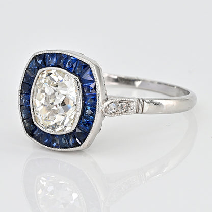 Vintage 2.10ct Old Mine Cut Diamond and Sapphire Target Cluster Engagement Ring in Platinum