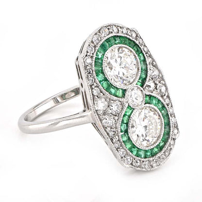 Edwardian Antique Diamond Two Stone and Emerald Cluster Plaque Ring