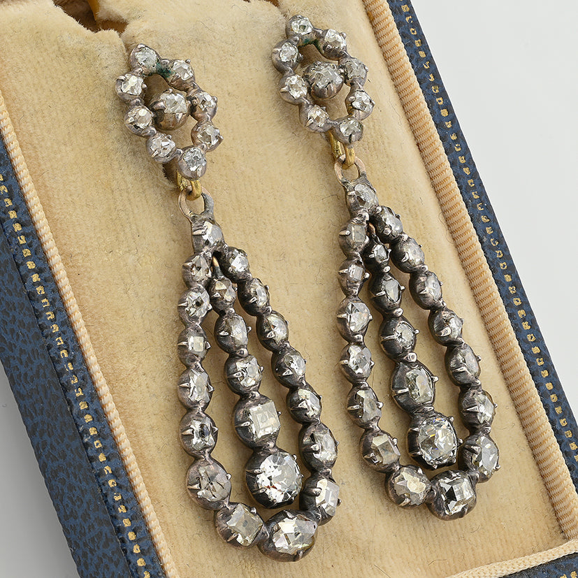 Georgian Antique 7.40ct Old Mine Cut and Table Cut Diamond Day and Night Drop Earrings