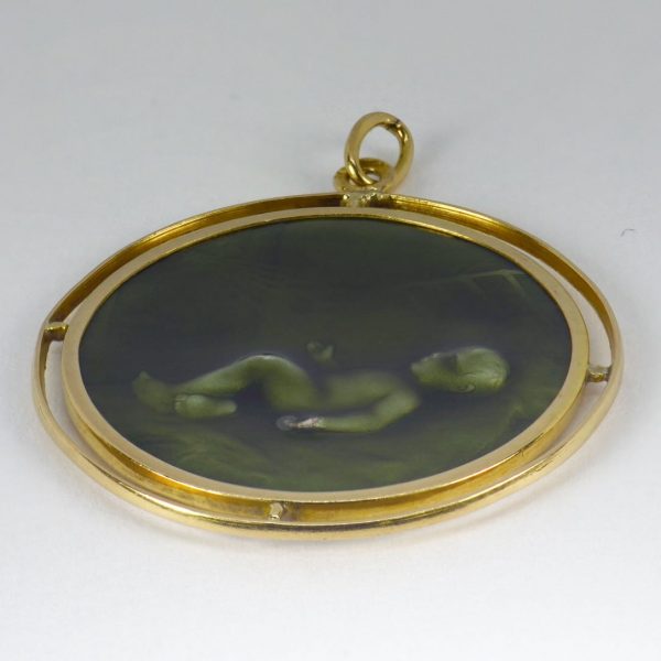 Green Enamel and 18ct Yellow Gold Baby Infant Charm Pendant