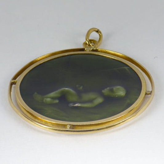 Green Enamel and 18ct Yellow Gold Baby Infant Charm Pendant