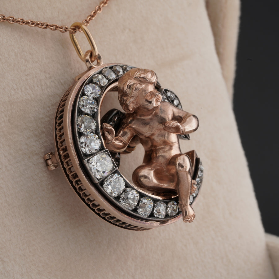Antique Biedermeier Diamond Crescent Cherub Brooch Pendant