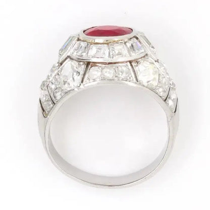 Art Deco 2ct Burmese Ruby and Diamond Cluster Bombe Cocktail Ring