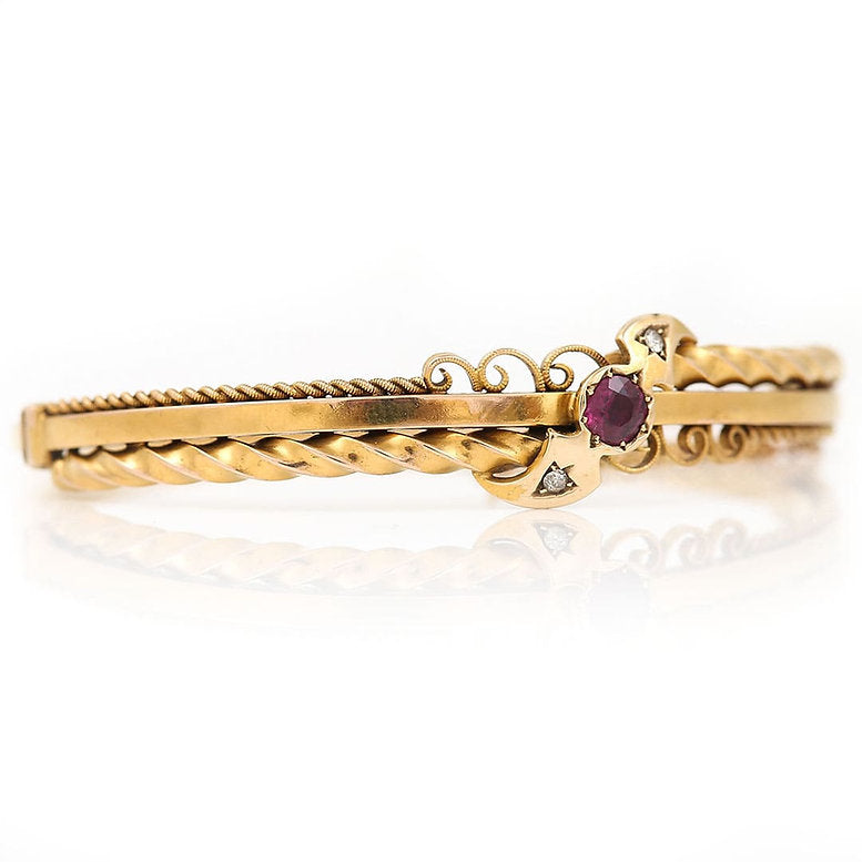 Antique Edwardian Ruby Diamond 15ct Gold Bangle Bracelet