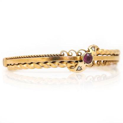 Antique Edwardian Ruby Diamond 15ct Gold Bangle Bracelet