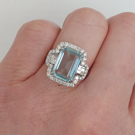 Aquamarine and Diamond Cluster Dress Ring with Princess Cut Diamond Shoulders