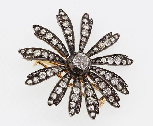 Antique Victorian 1.20ct Old Cut Diamond Daisy Flower Brooch