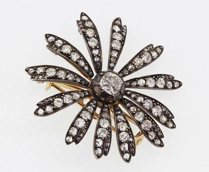 Antique Victorian 1.20ct Old Cut Diamond Daisy Flower Brooch