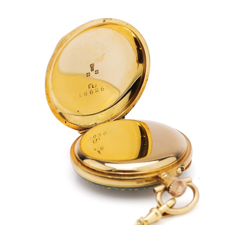 Vintage 1940s Gold and Guilloche Enamel Pendant Pocket Watch with Necklace