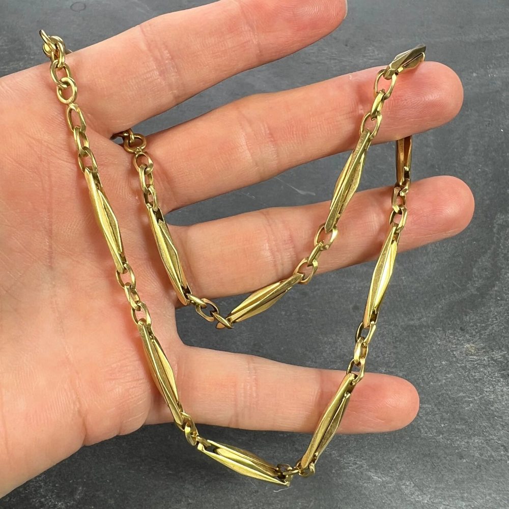French 18ct Yellow Gold Fancy Faceted Curb Link Watch Chain Necklace