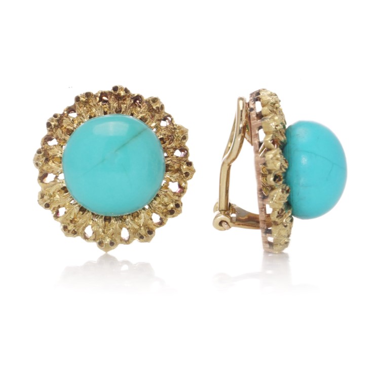 Vintage Mario Buccellati Turquoise and Gold Flower Cluster Clip On Earrings