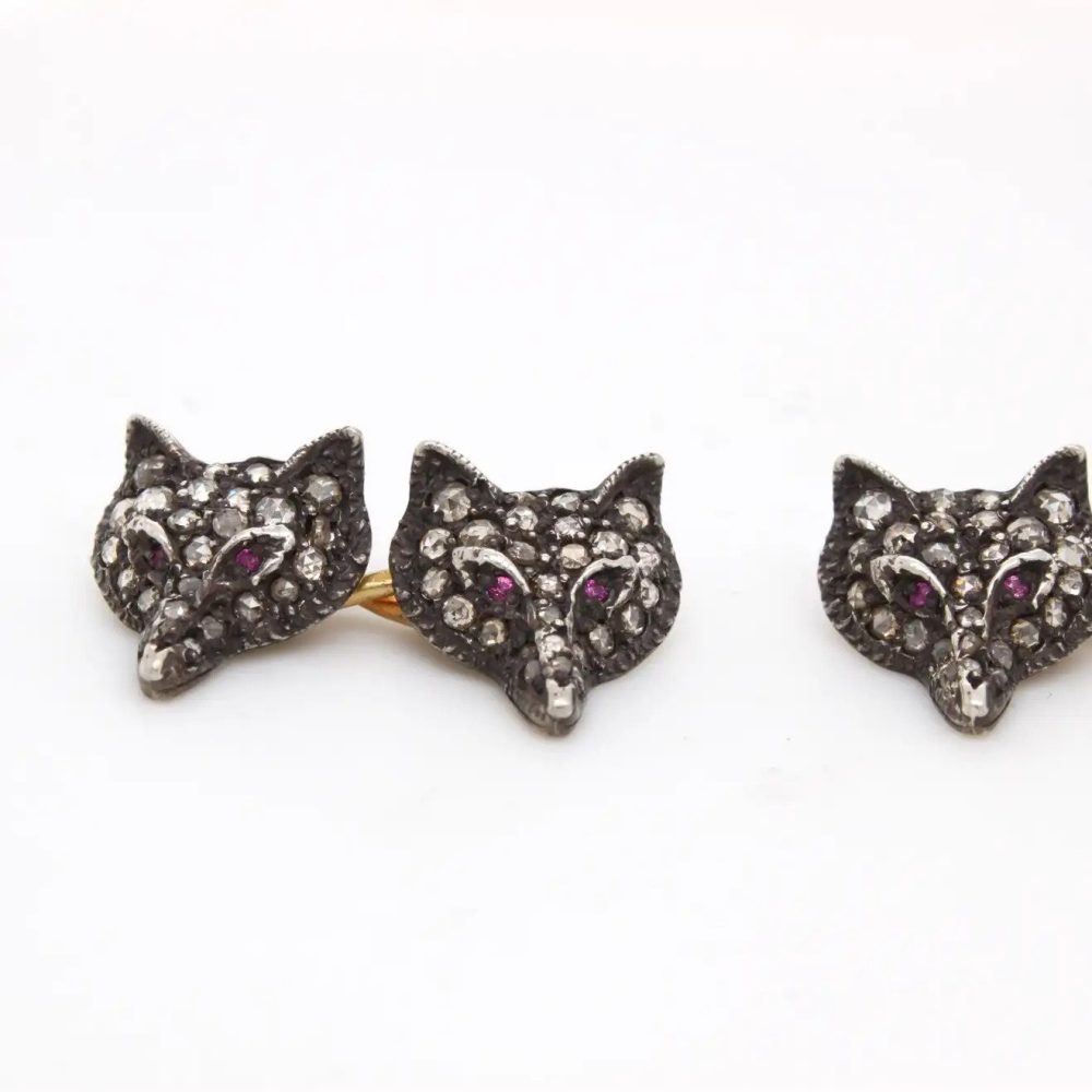 Victorian Antique Diamond Fox Cufflinks with Ruby Eyes