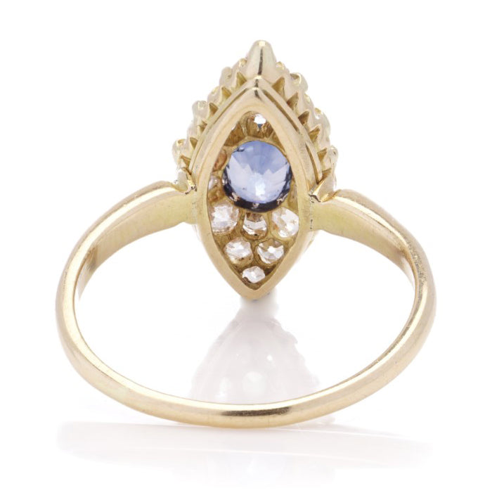 Edwardian Antique Sapphire and Old European Cut Diamond Marquise Cluster Ring in 18ct Yellow Gold