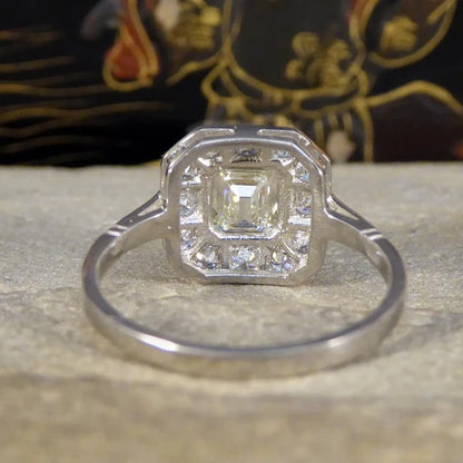 Art Deco Inspired 1ct Emerald Cut Diamond Cluster Ring in Platinum, 1.50 carat total