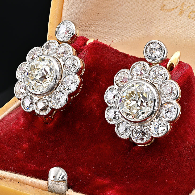 Edwardian Antique 6.40ct Old Cut Diamond Cluster Drop Earrings