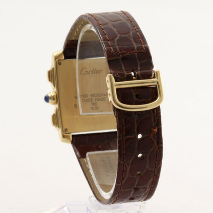 Cartier Tank Francaise Chronograph 18ct Yellow Gold 28mm Wrist Watch, white dial, Roman numerals, sapphire cabochon crown, Quartz movement, brown leather strap with Cartier 18ct deployant buckle.