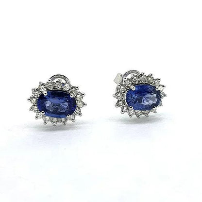3.46ct Sapphire and Diamond Oval Cluster Stud Earrings; featuring 3.46 carats of oval faceted sapphires within 0.78cts diamond surrounds, in 18ct white gold