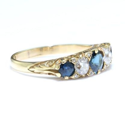 Antique Victorian Sapphire and Diamond Five Stone Ring, set with 0.80cts blue sapphires and 0.50cts old-cut diamonds, in 18ct yellow gold, Circa 1880s