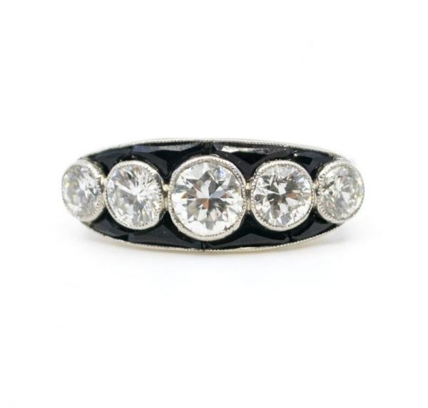 Vintage Diamond, Onyx and Platinum Five-Stone Ring, 1.25 carat total