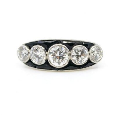 Vintage Diamond, Onyx and Platinum Five-Stone Ring, 1.25 carat total