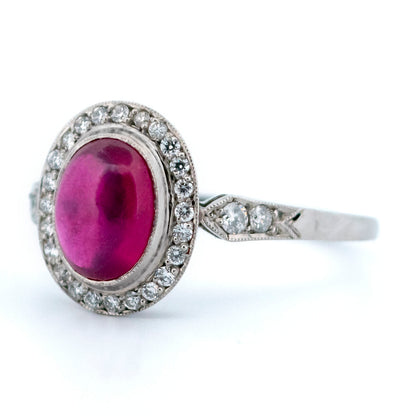 Vintage Platinum, Cabochon Cut Ruby and Diamond Halo Cluster Ring