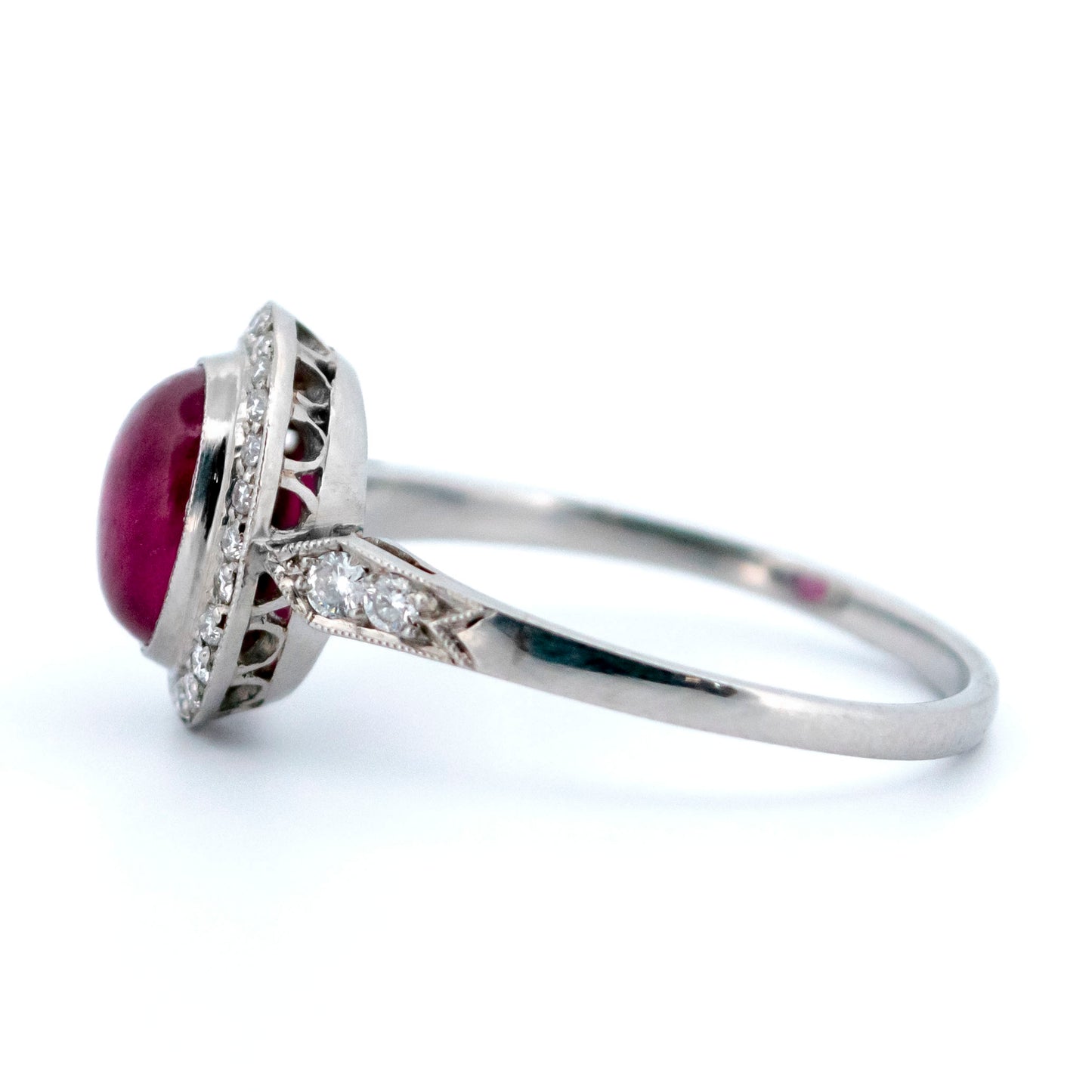 Vintage Platinum, Cabochon Cut Ruby and Diamond Halo Cluster Ring