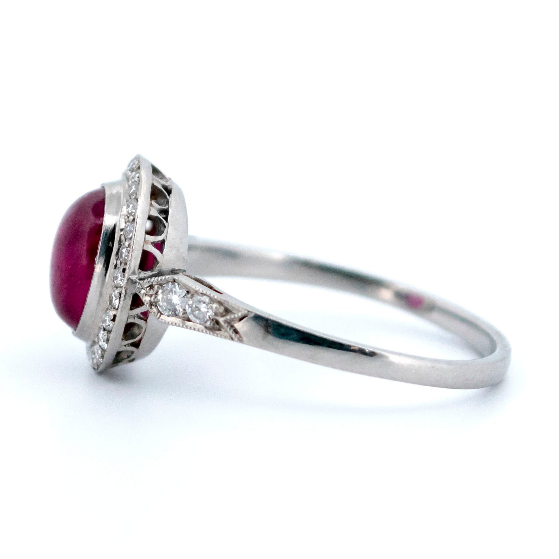 Vintage Platinum, Cabochon Cut Ruby and Diamond Halo Cluster Ring
