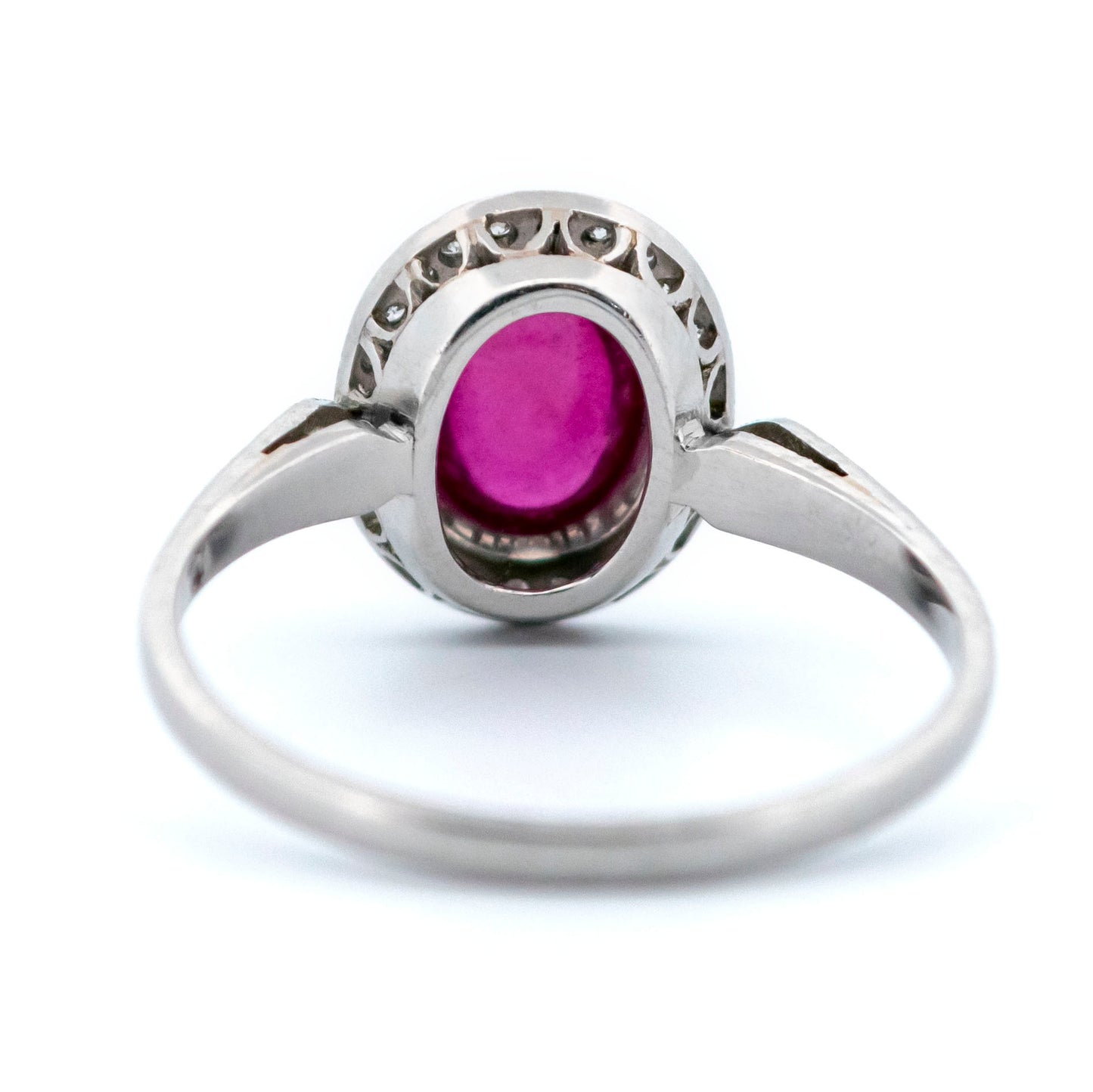 Vintage Platinum, Cabochon Cut Ruby and Diamond Halo Cluster Ring