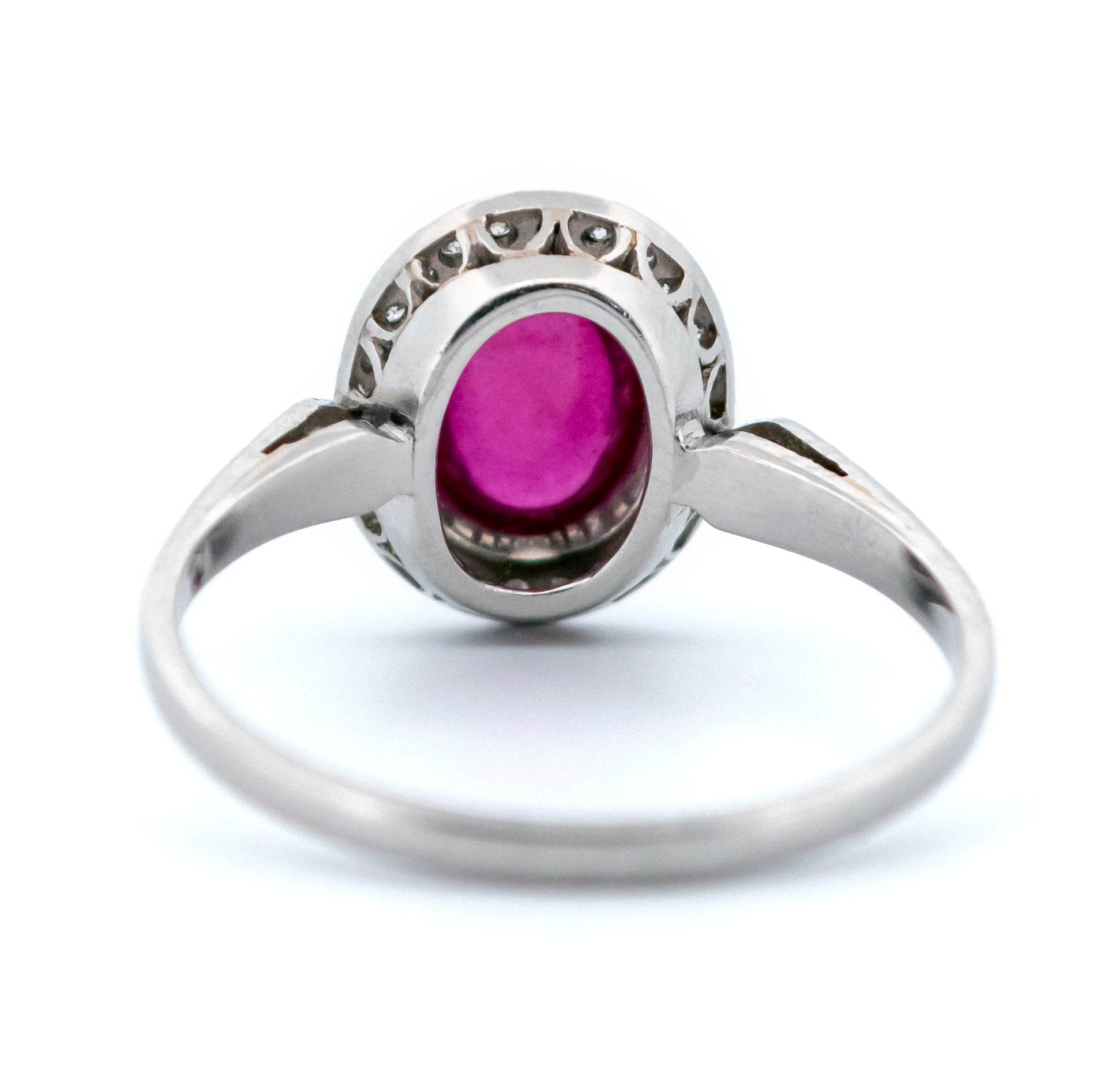 Vintage Platinum, Cabochon Cut Ruby and Diamond Halo Cluster Ring