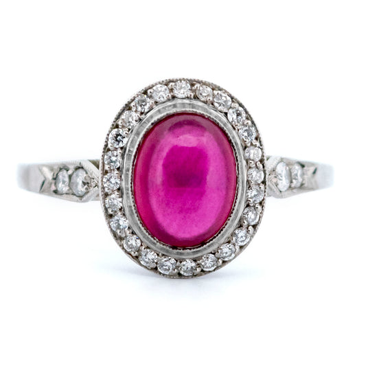 Vintage Platinum, Cabochon Cut Ruby and Diamond Halo Cluster Ring