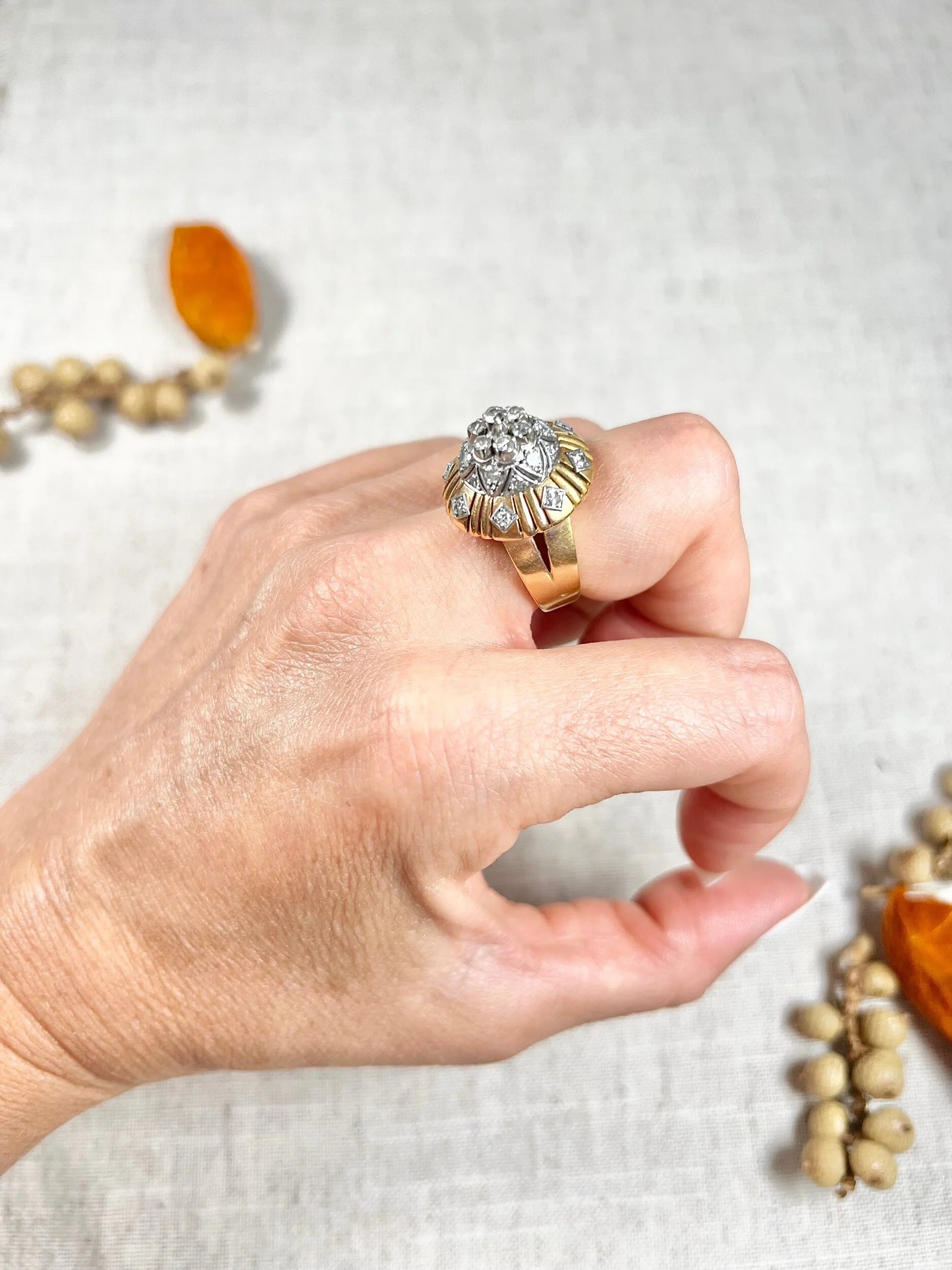 Vintage 1960's 18 Carat Gold, Tiered Dome Shaped, Diamond Cocktail Ring