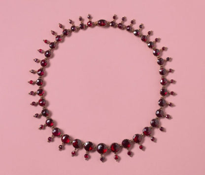 Antique Victorian Graduated Perpignan Garnet Fringe Necklace; set with rose-cut rhodolite garnets, foil backed, garnet set clasp