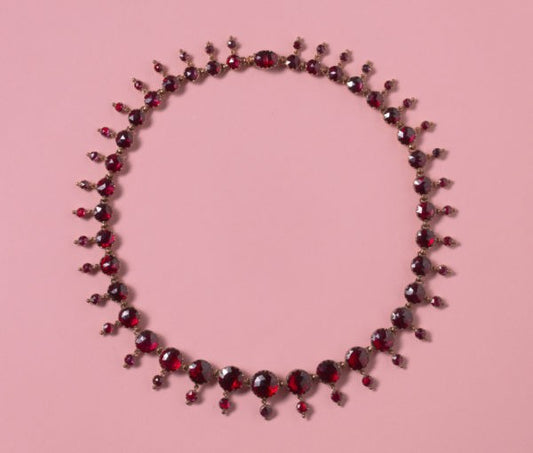 Antique Victorian Graduated Perpignan Garnet Fringe Necklace; set with rose-cut rhodolite garnets, foil backed, garnet set clasp