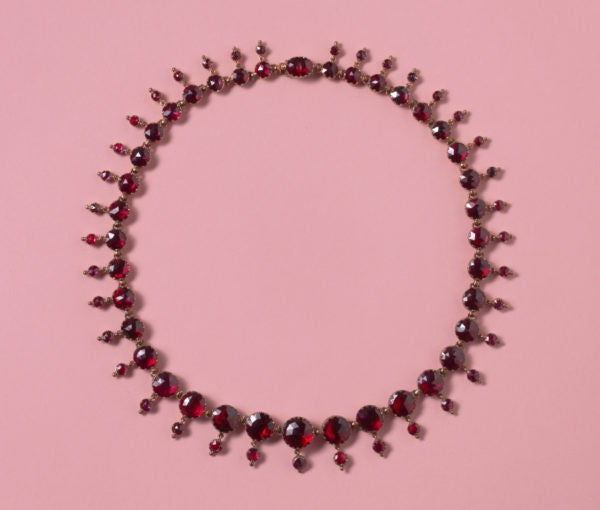 Antique Victorian Graduated Perpignan Garnet Fringe Necklace; set with rose-cut rhodolite garnets, foil backed, garnet set clasp