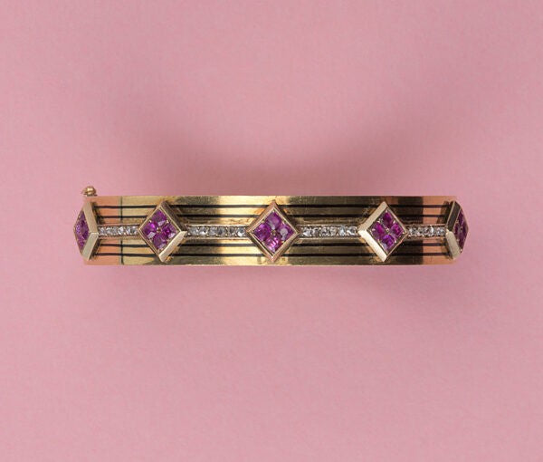 Antique Victorian Ruby, Diamond, Enamel and 18ct Gold Bangle Bracelet, with an invisible hinge, Signed Lefebvre, France, Circa 1870.