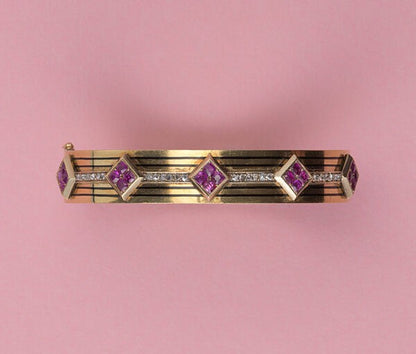 Antique Victorian Ruby, Diamond, Enamel and 18ct Gold Bangle Bracelet, with an invisible hinge, Signed Lefebvre, France, Circa 1870.
