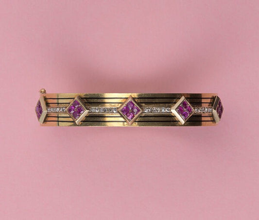 Antique Victorian Ruby, Diamond, Enamel and 18ct Gold Bangle Bracelet, with an invisible hinge, Signed Lefebvre, France, Circa 1870.
