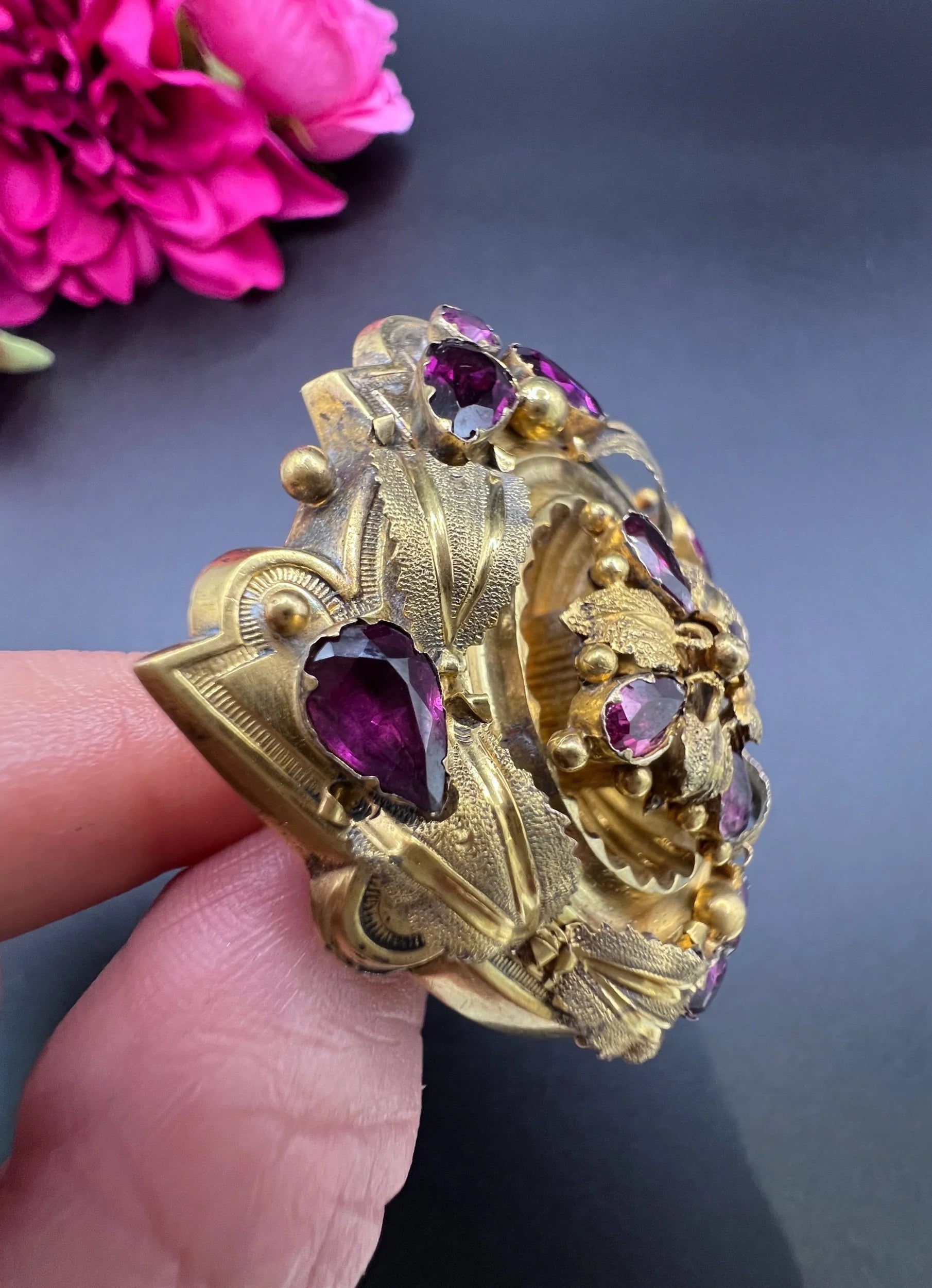 Antique 15ct Gold, Victorian Almandine Garnet Etruscan Design, Locket Back Brooch
