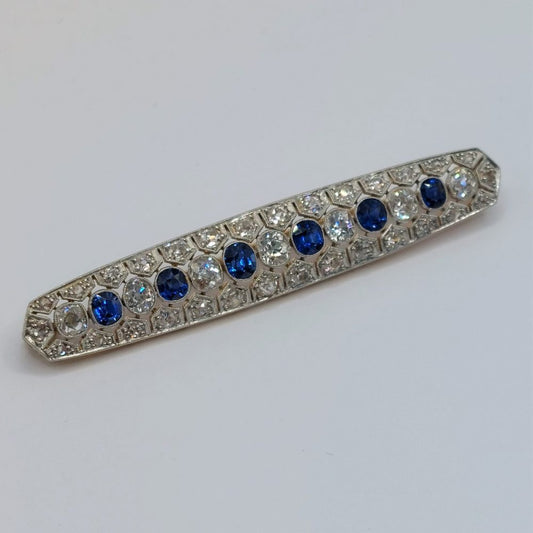 Antique Sapphire and Old Cut Diamond Bar Brooch