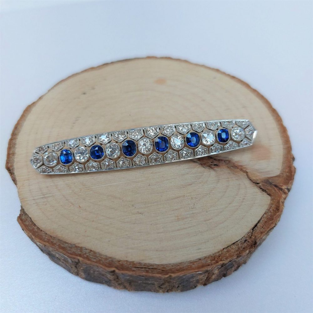 Antique 1ct Sapphire and 1.75ct Diamond Bar Brooch