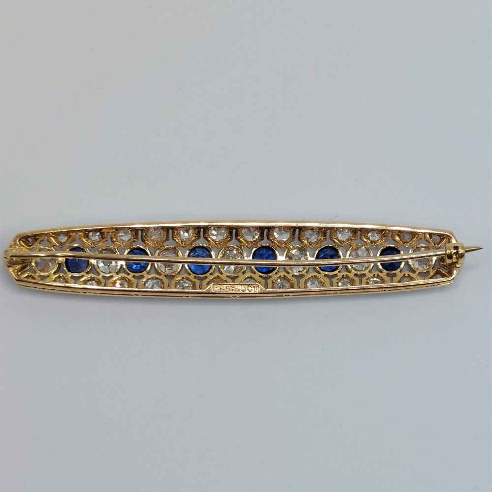Antique Sapphire and Old Cut Diamond Bar Brooch