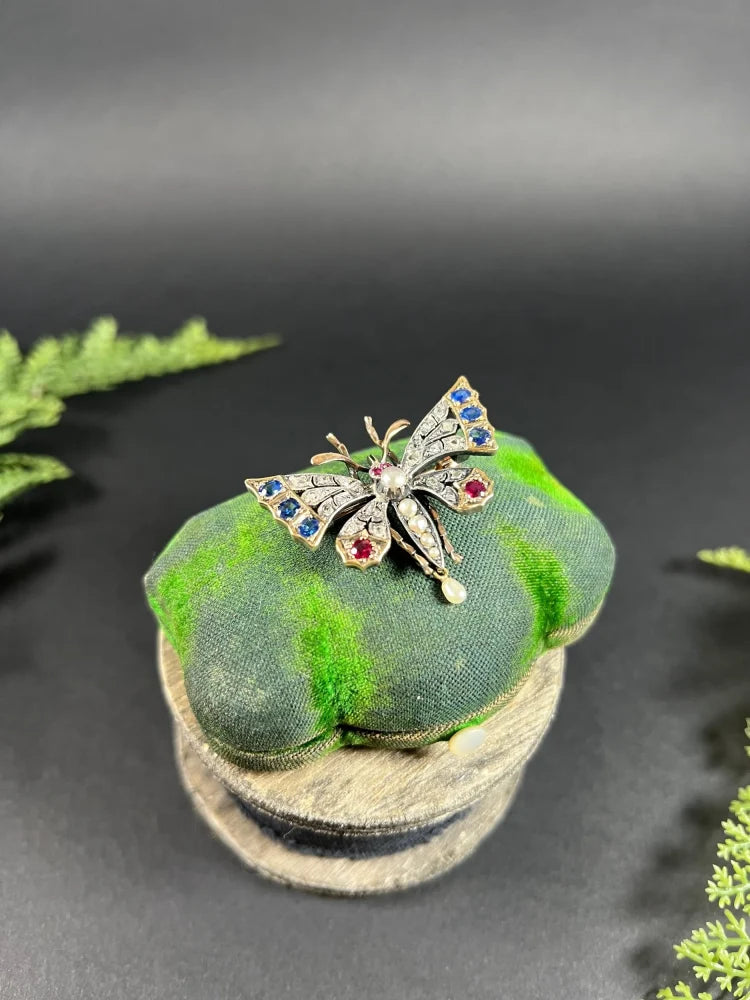 Antique Butterfly Brooch in 18 Carat Rose Gold And Silver With Gemstones