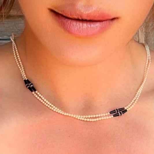 Art Deco Natural Seed Pearl, Onyx And Rock Crystal Necklace